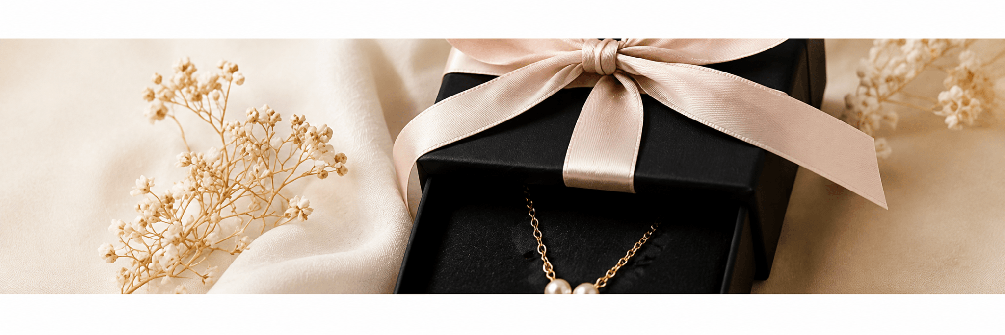 Jewelry displayed beside a ribboned gift box
