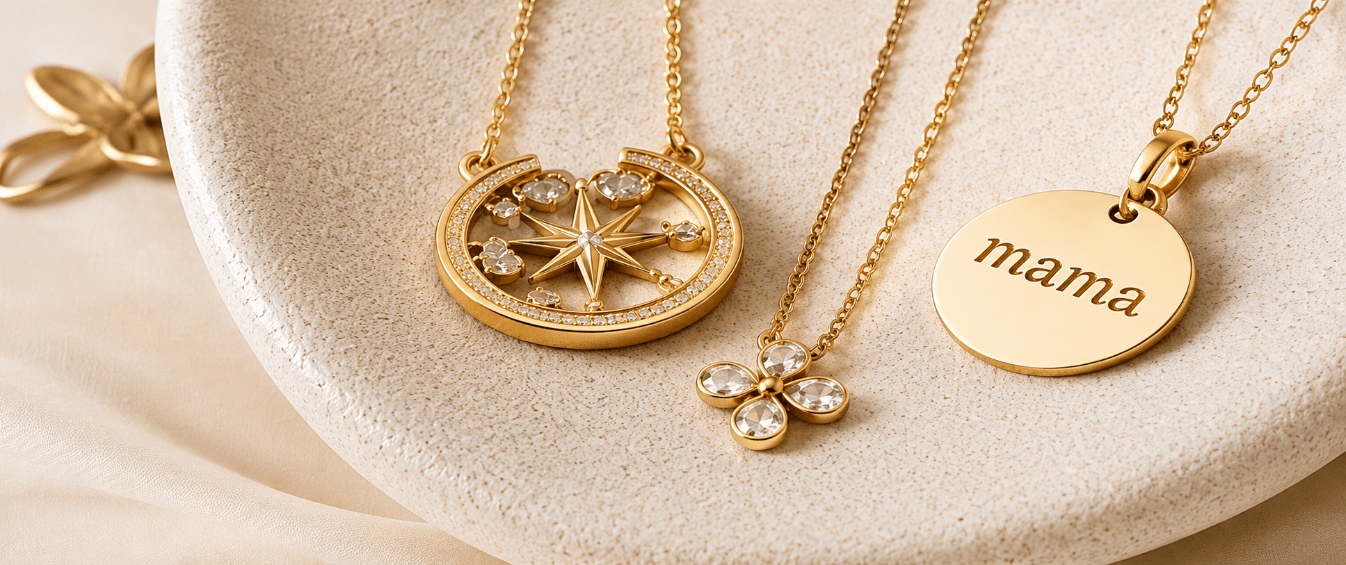 Gold necklaces styled on a warm jewelry display