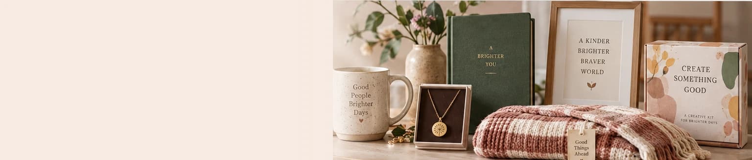 A warm collection of thoughtful gifts arranged on a table