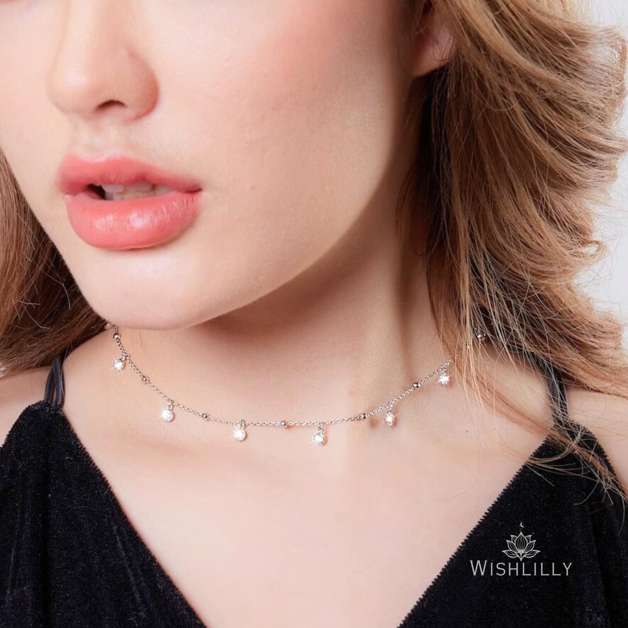 Silver Choker Necklace with Diamond Crystals by Wishlilly