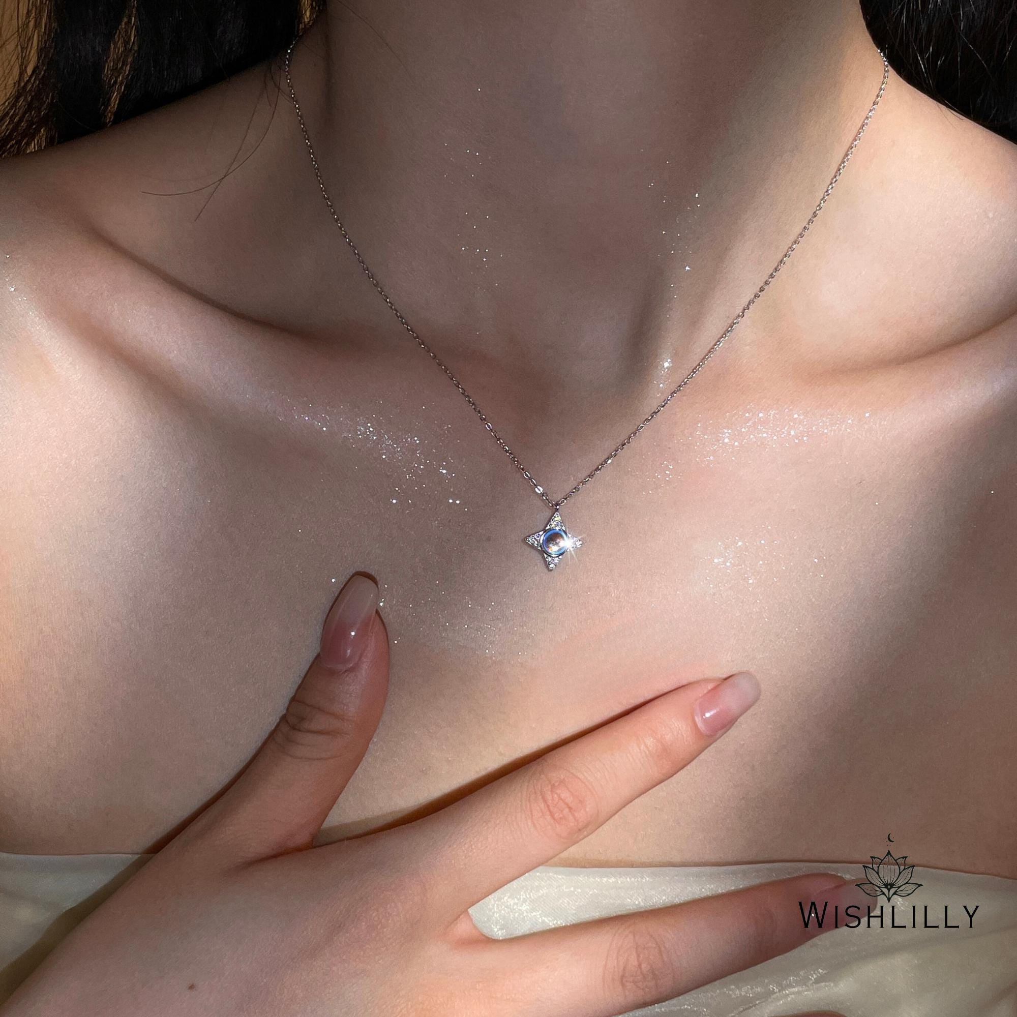 Silver Moonstone Star Necklace by Wishlilly