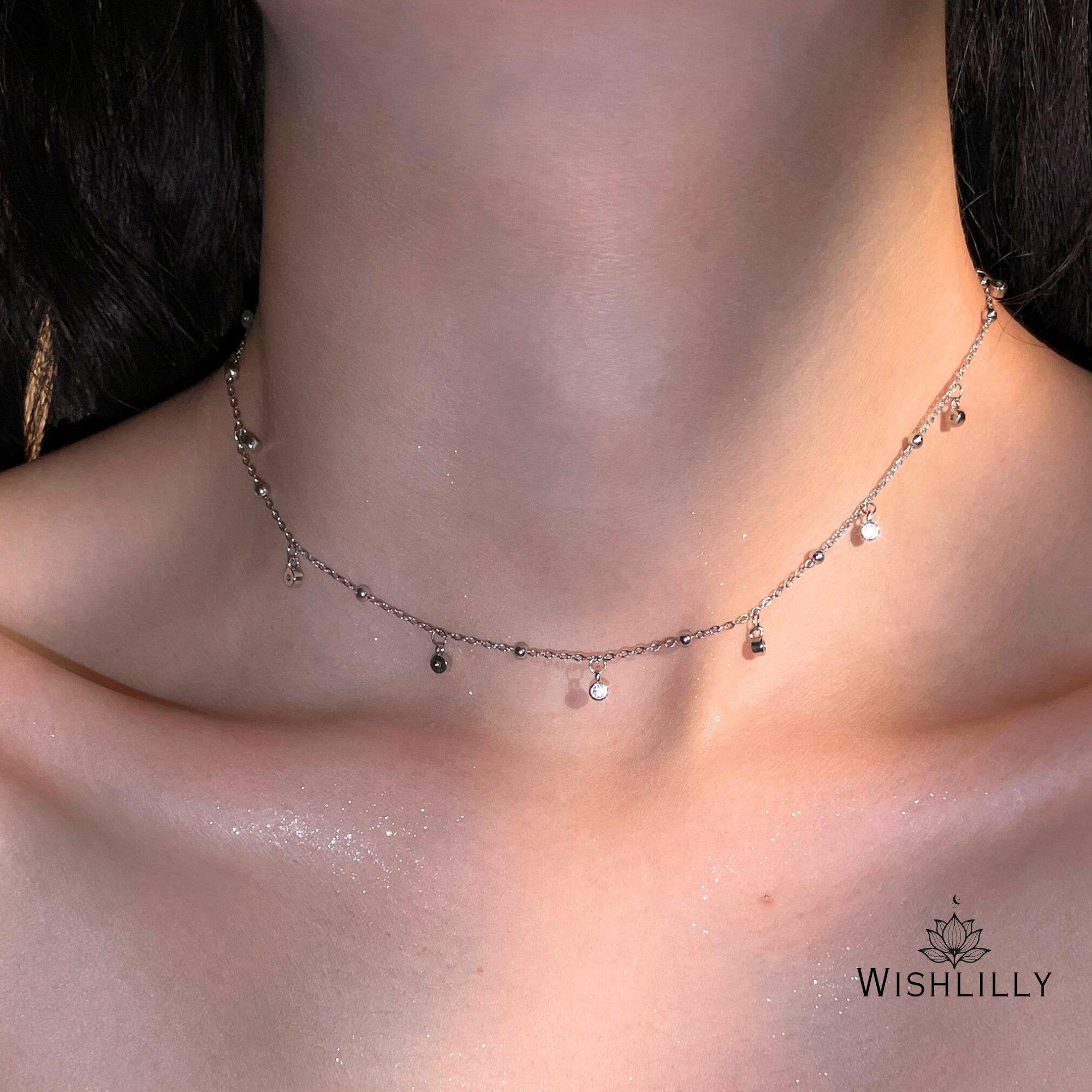 Silver Choker Necklace with Diamond Crystals by Wishlilly