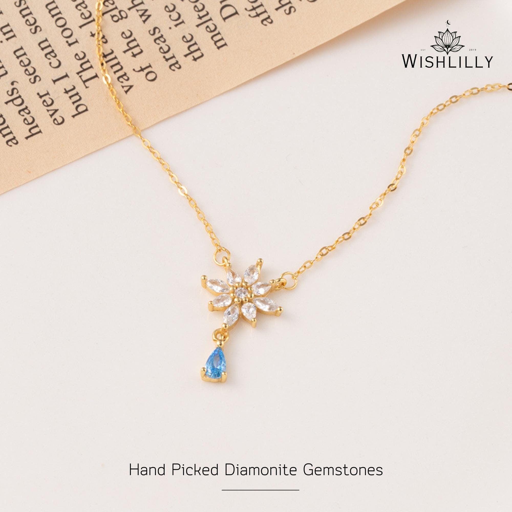 Gold Blue Flower Necklace by Wishlilly