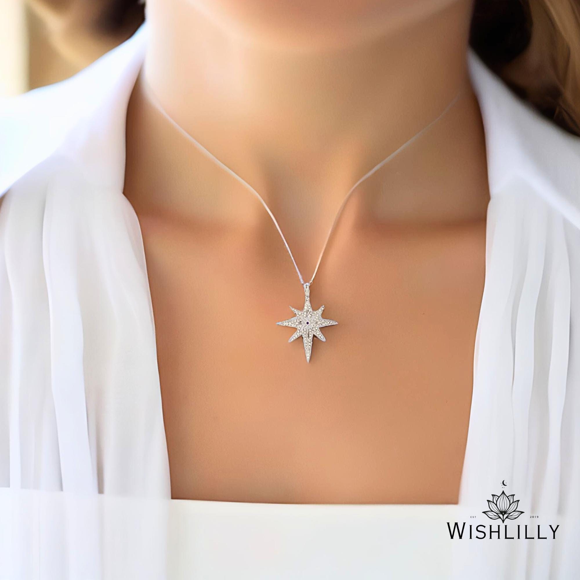Silver Crystal Star Necklace by Wishlilly • Sparkling Celestial North Star Gift for Her • Lunar Gifts for Mom •