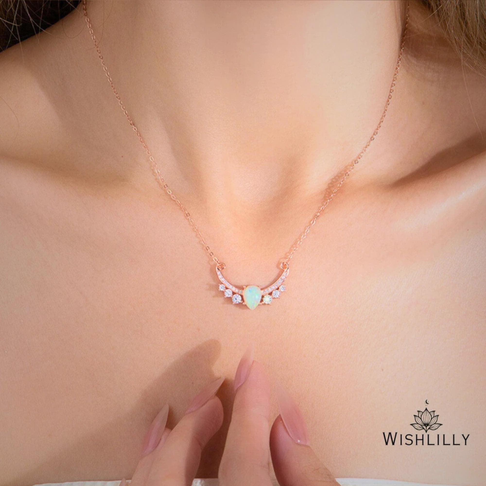 Rose Gold Opal Crown Pendant Necklace by Wishlilly