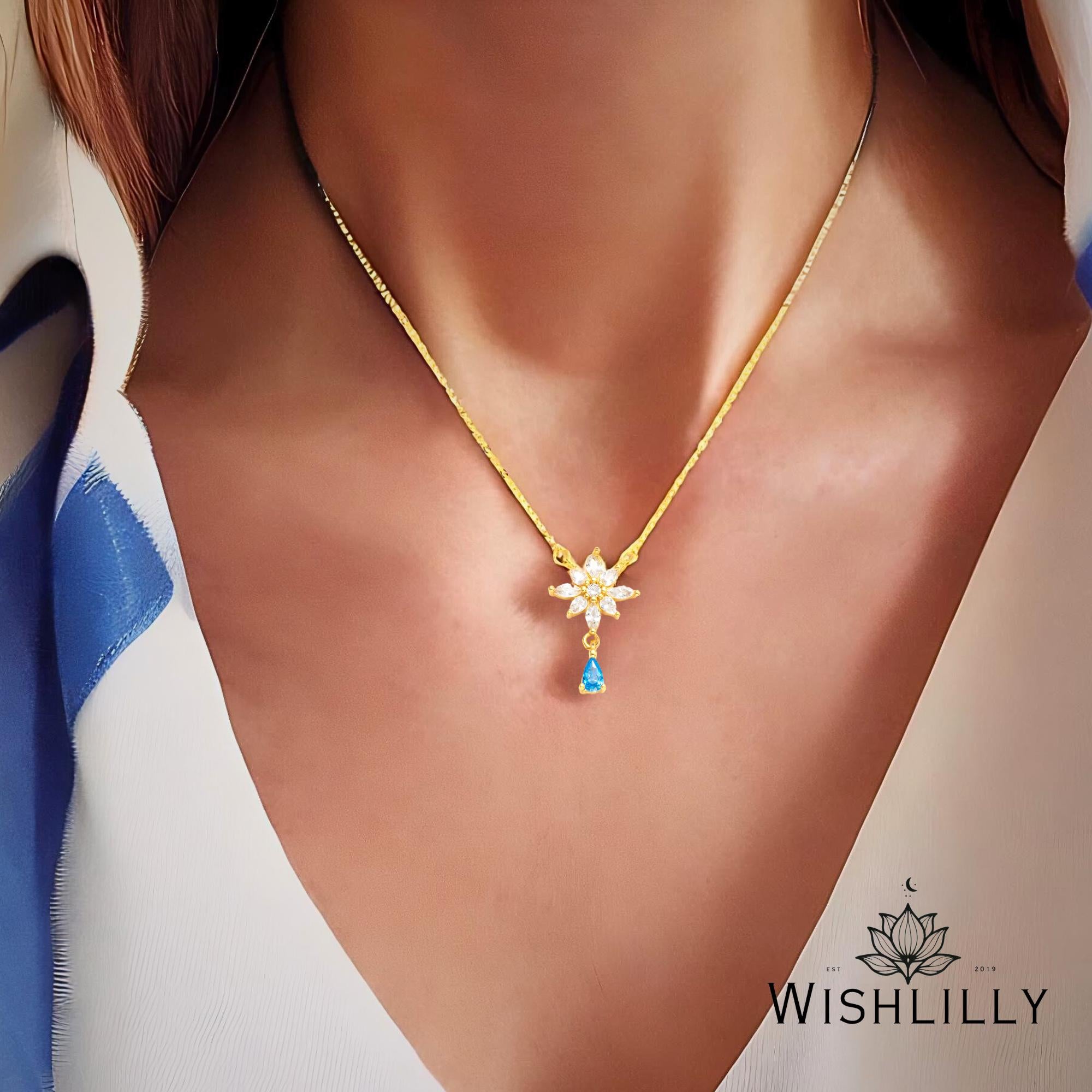 Gold Blue Flower Necklace by Wishlilly